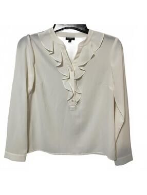 Talbots Crisp White Ruffle Front Long Sleeve Preppy Chic Career Blouse 6 Petite